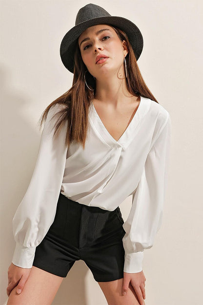 0451 V-Neck Satin Blouse - White