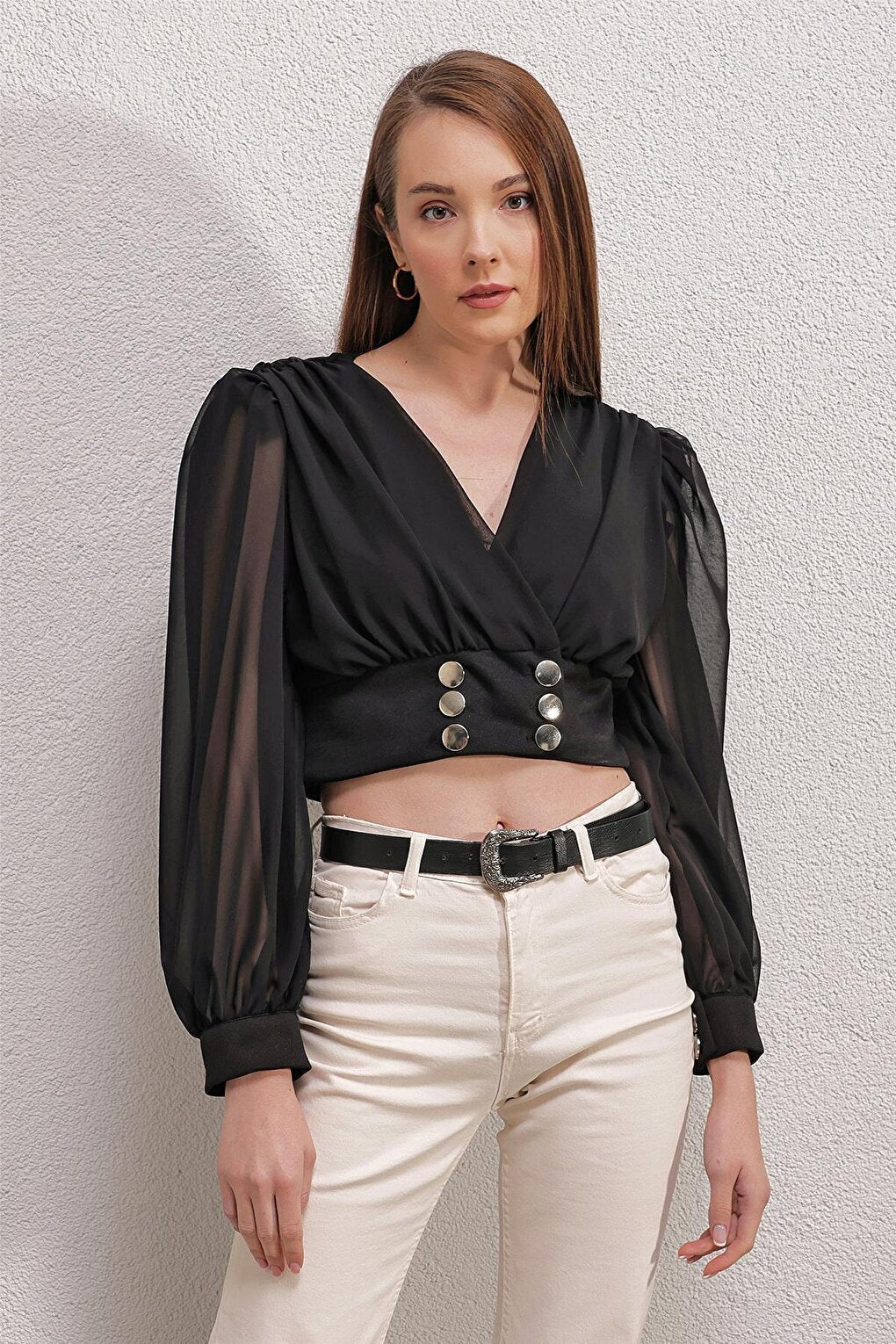 0464 Balloon Sleeve Crop Blouse - Black