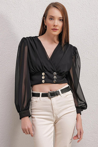 0464 Balloon Sleeve Crop Blouse - Black