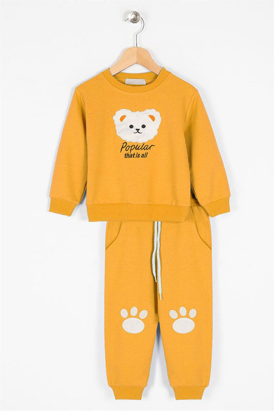 Boy's Mustard Colored Bear Detailed Tracksuit Set