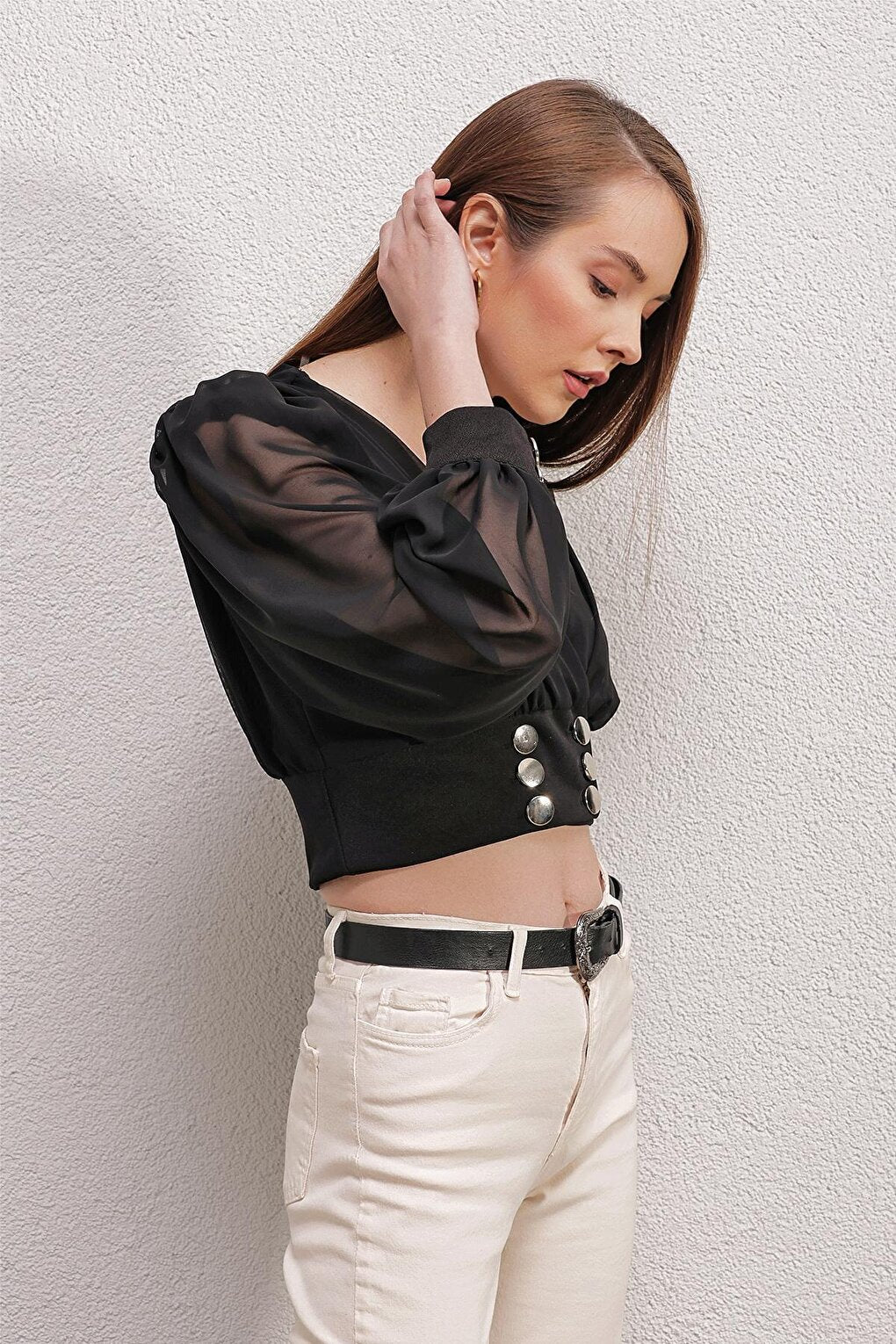 0464 Balloon Sleeve Crop Blouse - Black