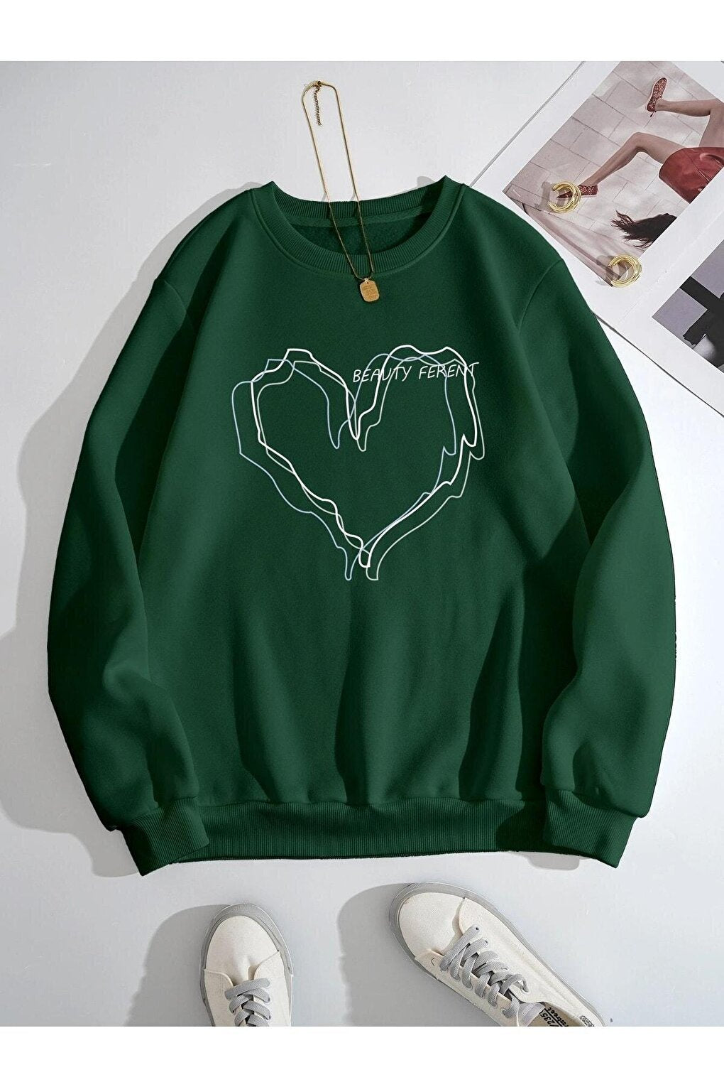 Women's GREEN Striped Heart Printed Oversize Sweatshirt