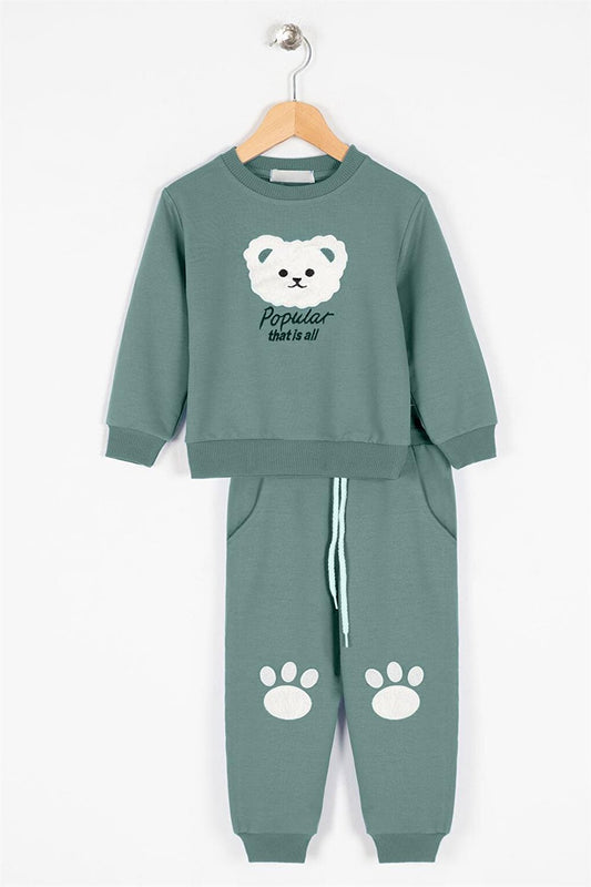 Boy's Green Colored Bear Detailed Tracksuit Set