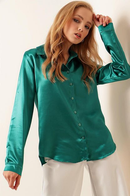 3964 Lightly Flowing Satin Shirt - A.Green