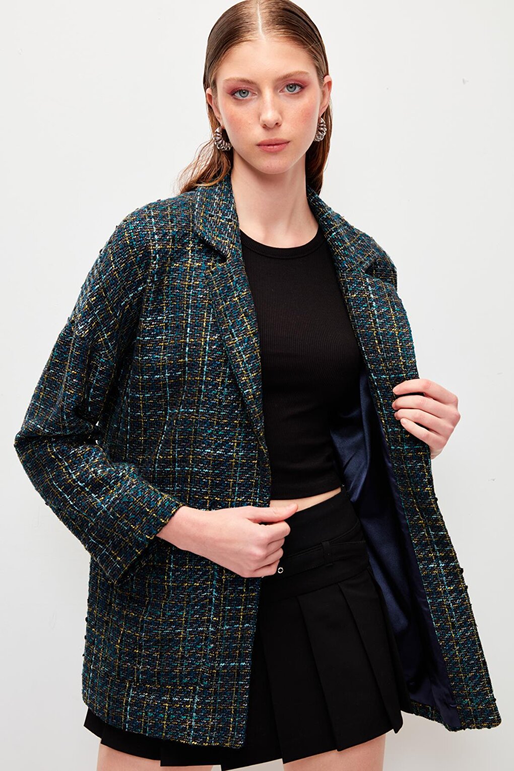 Navy Blue Tweed Relaxed Fit Jacket