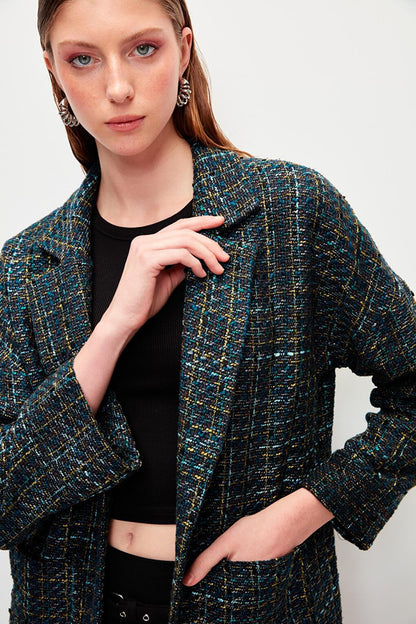 Navy Blue Tweed Relaxed Fit Jacket