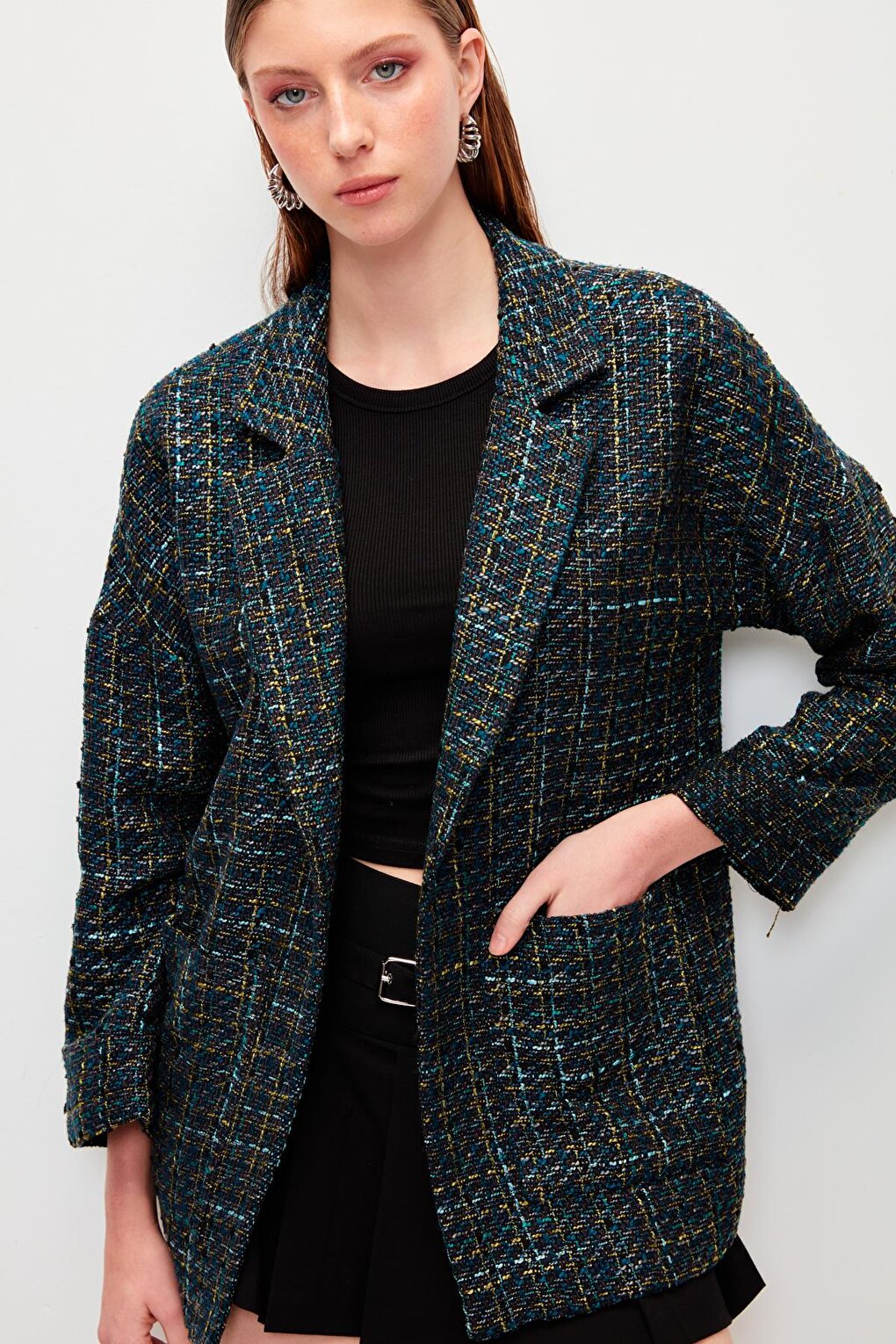 Navy Blue Tweed Relaxed Fit Jacket