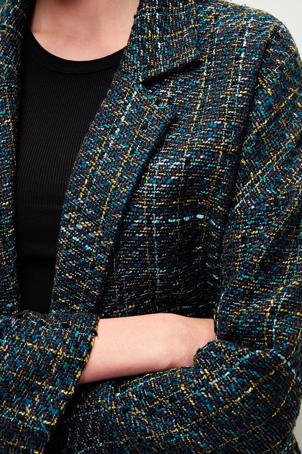 Navy Blue Tweed Relaxed Fit Jacket