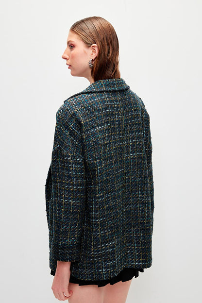 Navy Blue Tweed Relaxed Fit Jacket