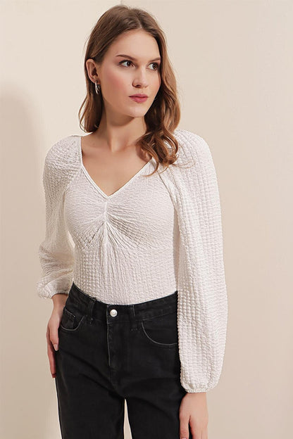 0443 Gathered Front Textured Blouse - White