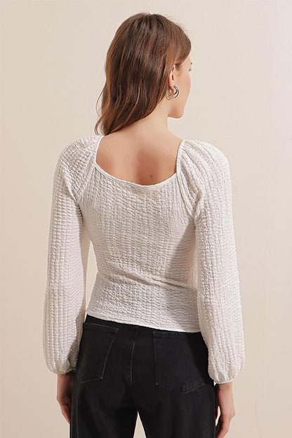 0443 Gathered Front Textured Blouse - White