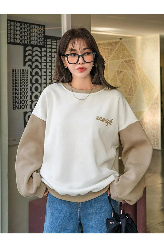 Women's WHITE Enough Printed BEIGE Sleeve Detail Oversize Sweatshirt