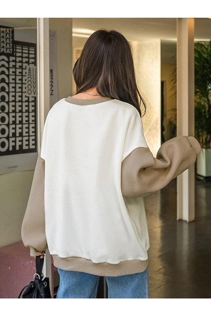 Women's WHITE Enough Printed BEIGE Sleeve Detail Oversize Sweatshirt