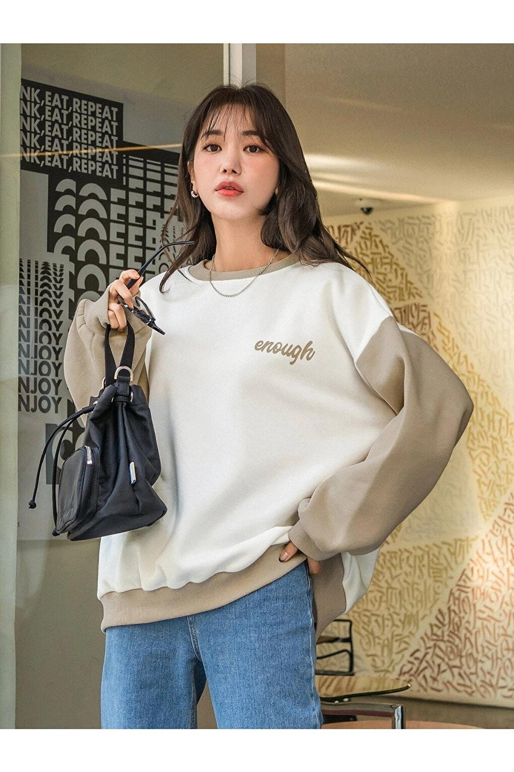 Women's WHITE Enough Printed BEIGE Sleeve Detail Oversize Sweatshirt