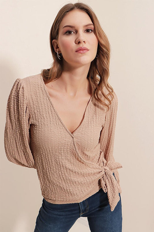 0441 Wrap Knitted Blouse - Beige