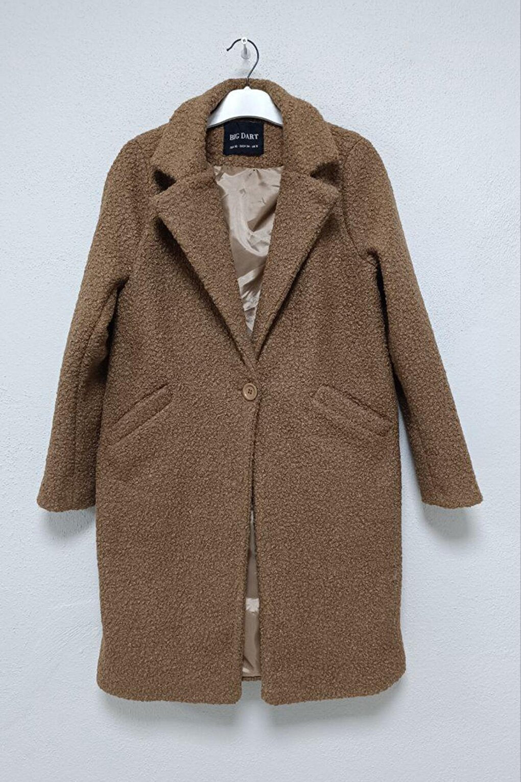 Women's Light Brown Single Button Lined Coat with Pockets Boucle Cashew Coat