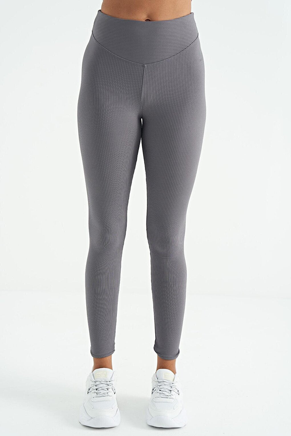 Dark Gray Piping Detailed High Waist Slim Fit Ribbed Women's Leggings - 94643