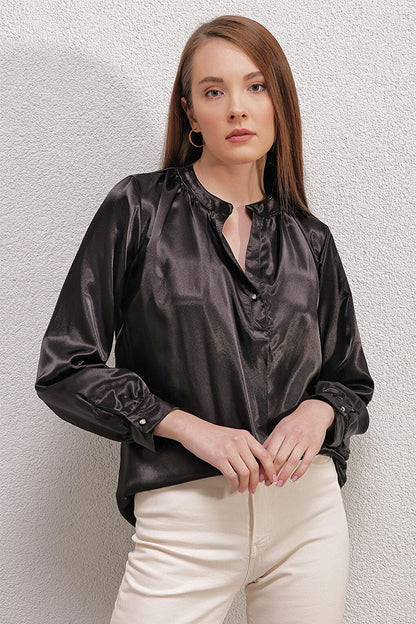 0447 Magnificent Collar Satin Blouse - Black