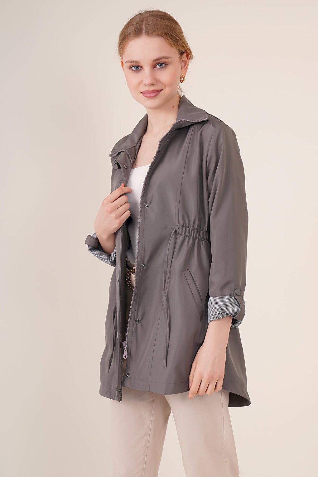 10322 Gathered Waist Trench Coat - Gray