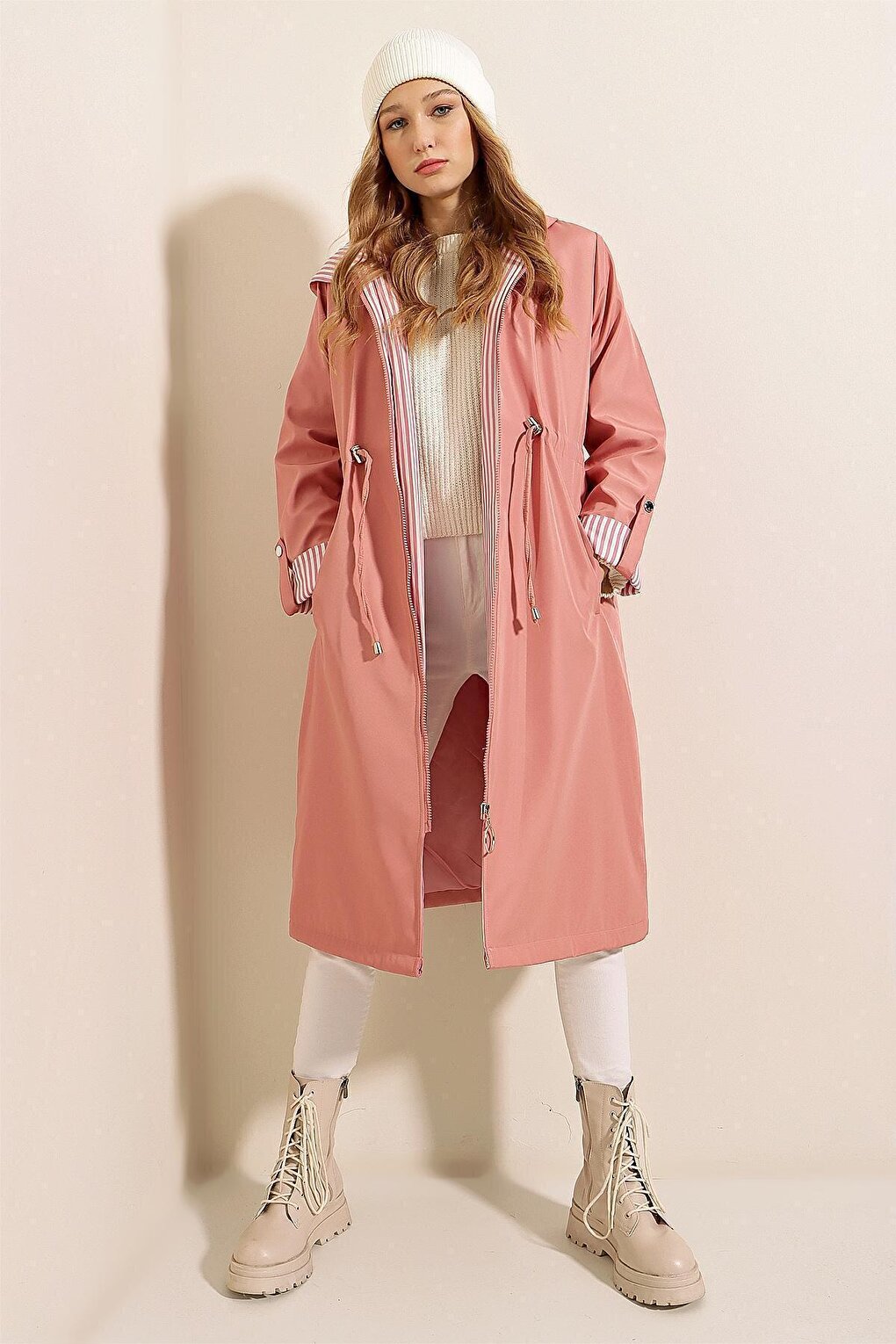 9091 Gathered Waist Hooded Trench Coat - Pink