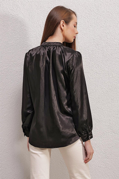 0447 Magnificent Collar Satin Blouse - Black