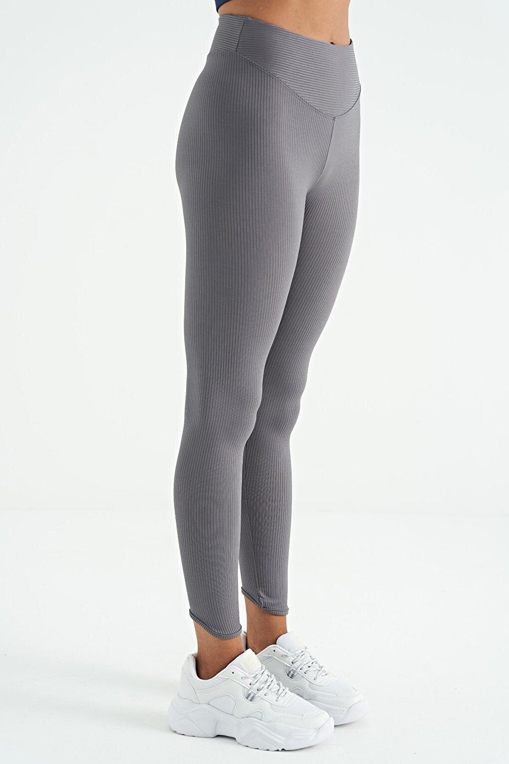 Dark Gray Piping Detailed High Waist Slim Fit Ribbed Women's Leggings - 94643