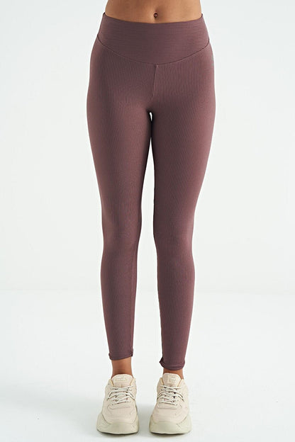 Brown Piping Detailed High Waist Slim Fit Ribbed Women's Leggings - 94643