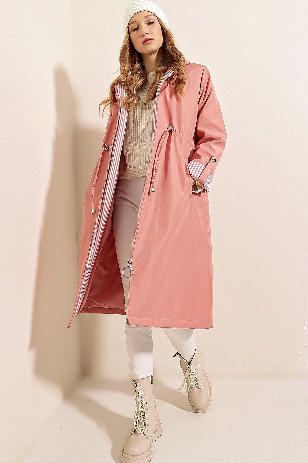 9091 Gathered Waist Hooded Trench Coat - Pink