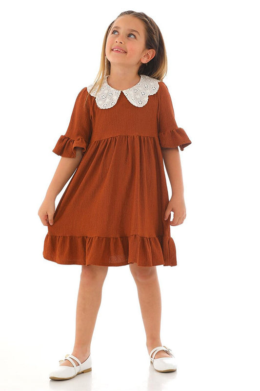 Girl's Brown Colored Half Sleeve Gathered Collar Lace Detailed Dress