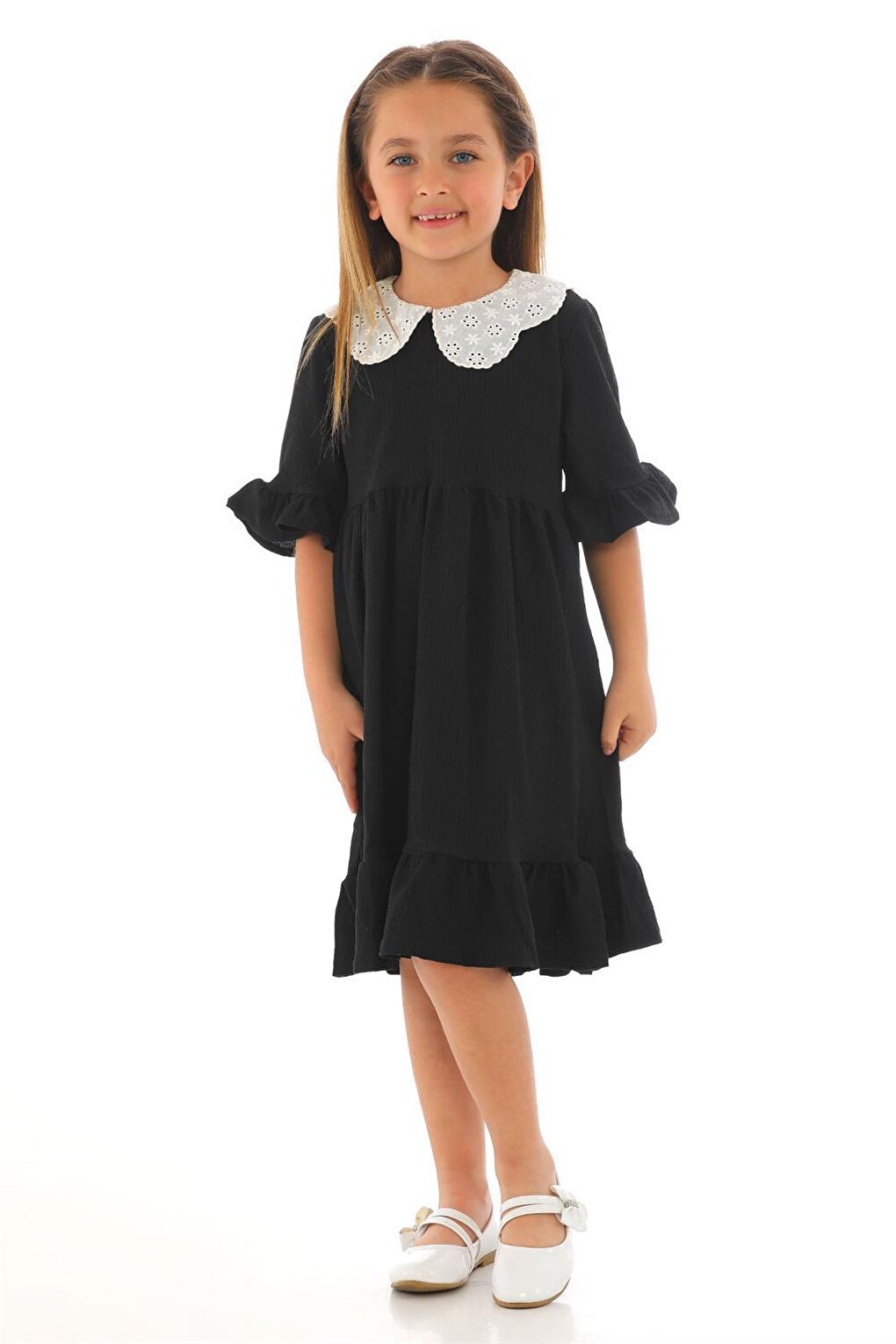 Girl's Black Colored Half Sleeve Gathered Collar Lace Detailed Dress