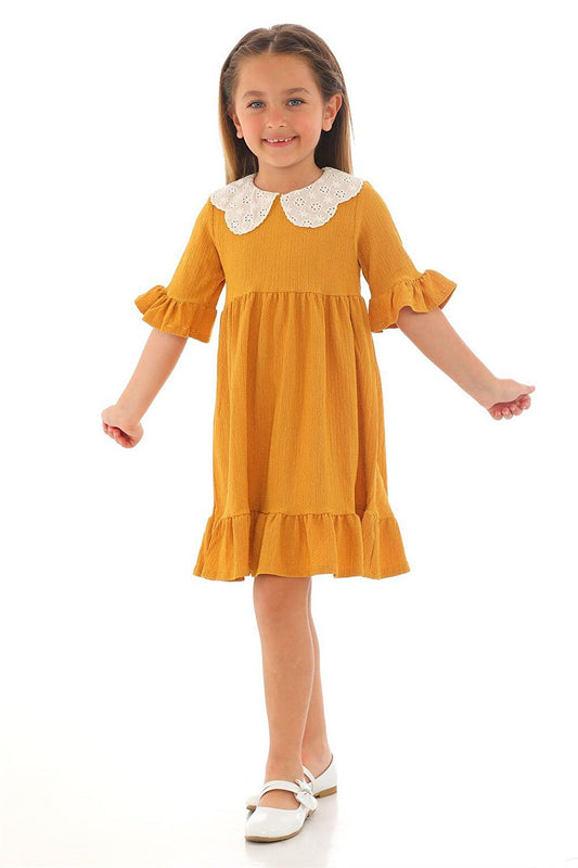 Girl's Mustard Colored Half Sleeve Gathered Collar Lace Detailed Dress