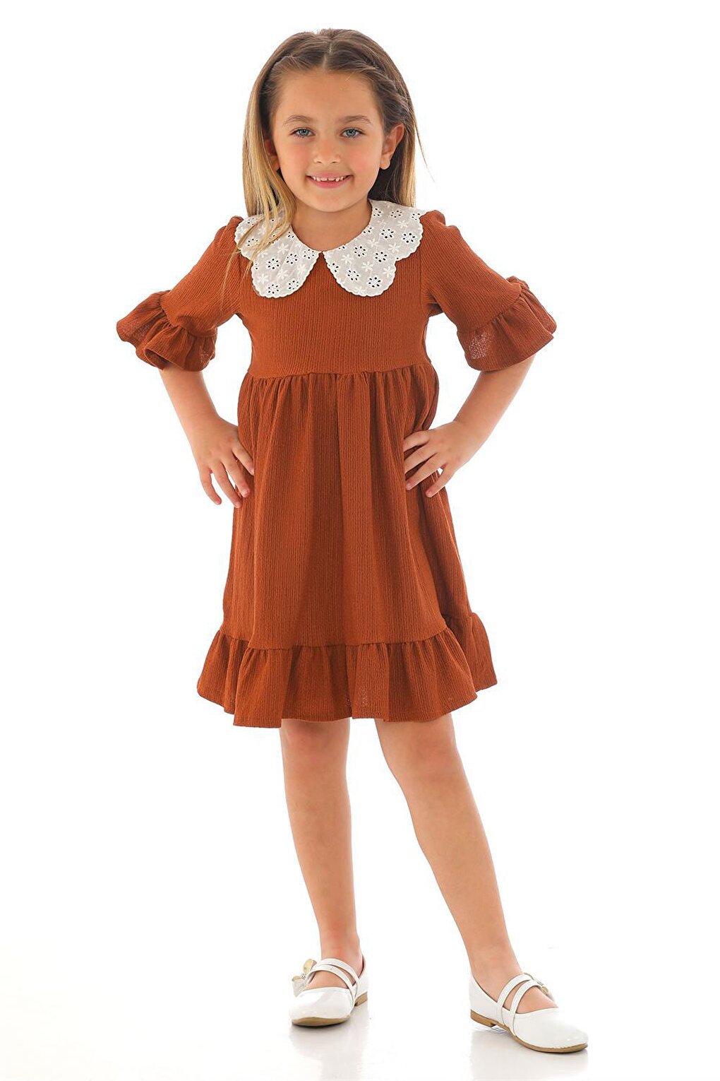 Girl's Brown Colored Half Sleeve Gathered Collar Lace Detailed Dress