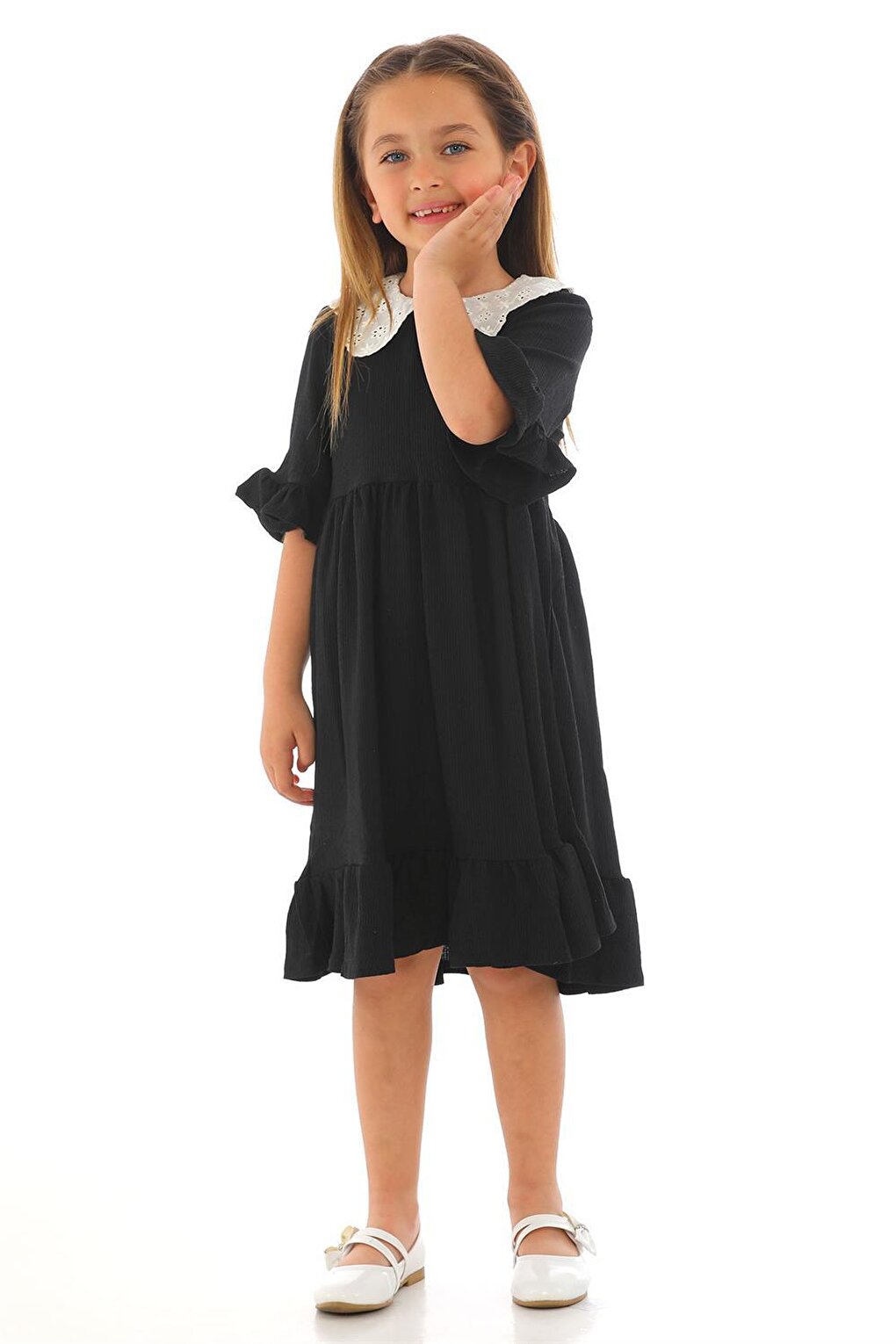 Girl's Black Colored Half Sleeve Gathered Collar Lace Detailed Dress