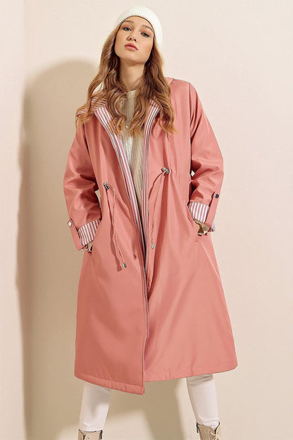 9091 Gathered Waist Hooded Trench Coat - Pink