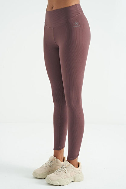 Brown Piping Detailed High Waist Slim Fit Ribbed Women's Leggings - 94643