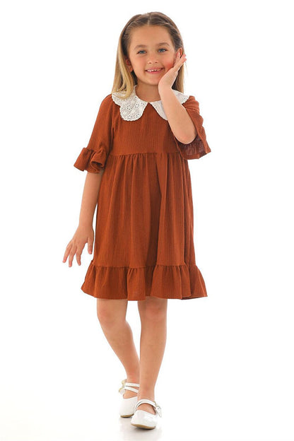 Girl's Brown Colored Half Sleeve Gathered Collar Lace Detailed Dress