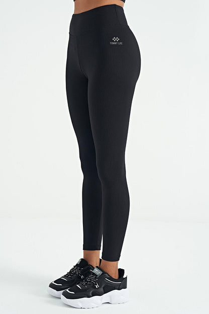 Black Logo Printed High Waist Slim Fit Ribbed Women's Leggings - 94642