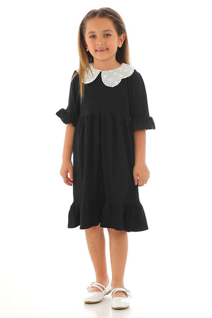 Girl's Black Colored Half Sleeve Gathered Collar Lace Detailed Dress