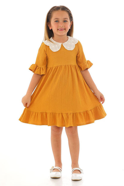 Girl's Mustard Colored Half Sleeve Gathered Collar Lace Detailed Dress