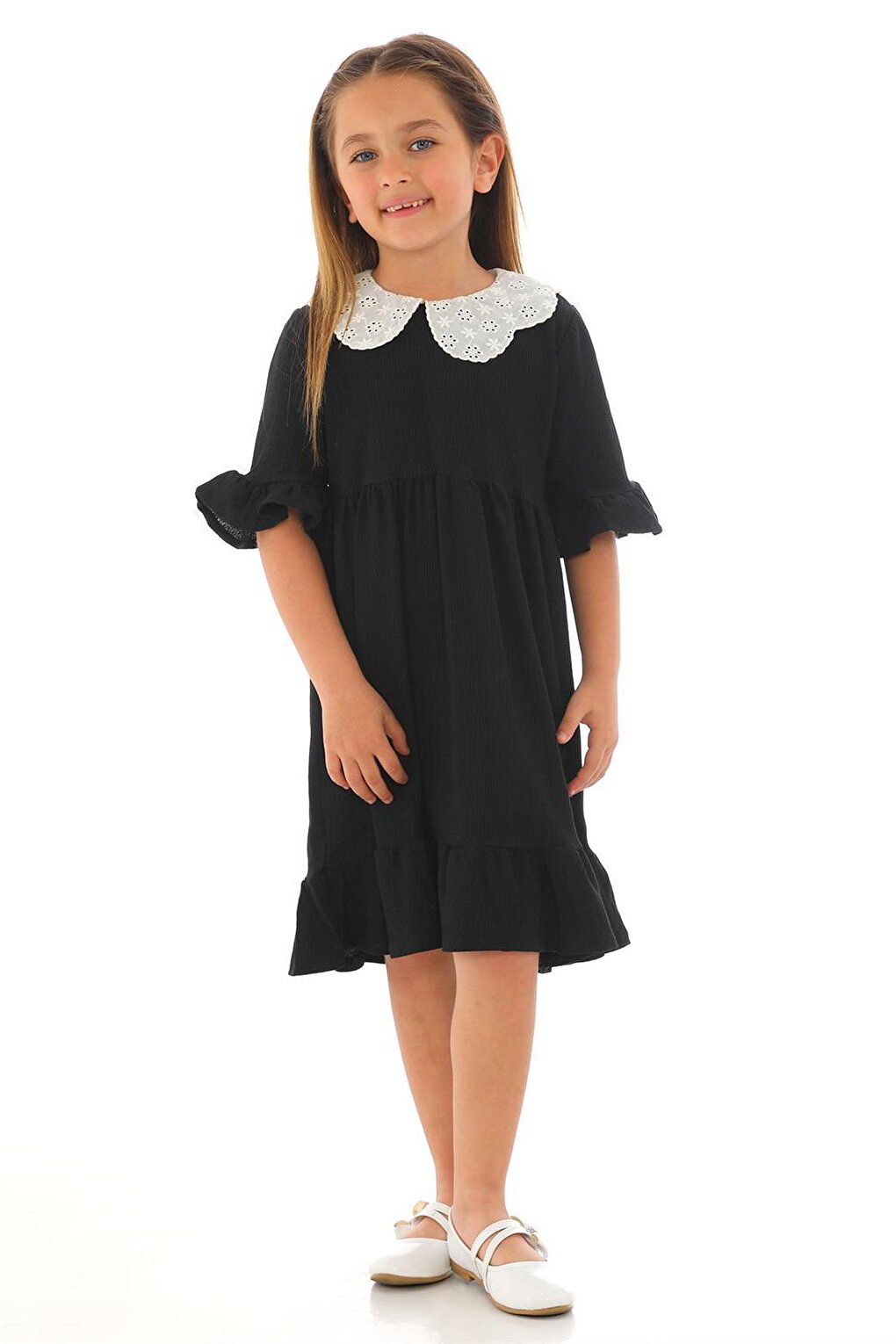 Girl's Black Colored Half Sleeve Gathered Collar Lace Detailed Dress