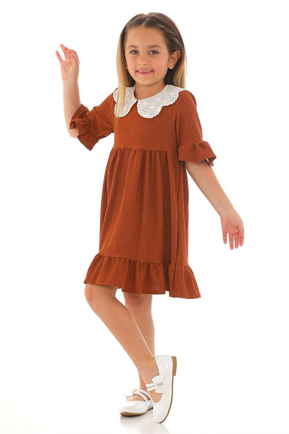 Girl's Brown Colored Half Sleeve Gathered Collar Lace Detailed Dress