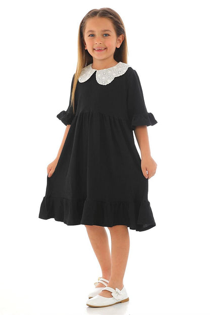 Girl's Black Colored Half Sleeve Gathered Collar Lace Detailed Dress