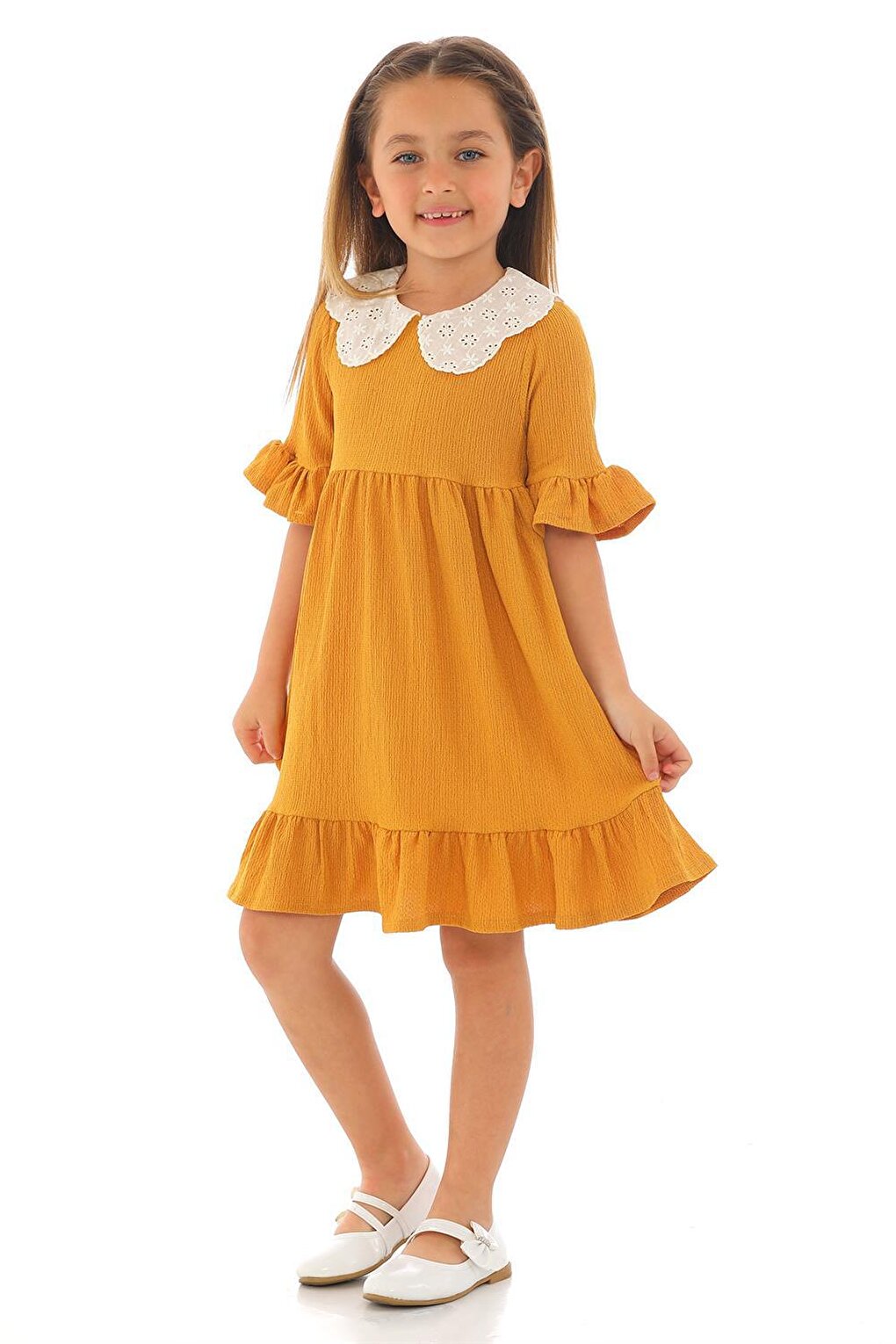 Girl's Mustard Colored Half Sleeve Gathered Collar Lace Detailed Dress