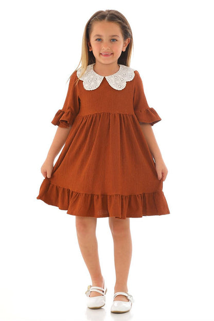 Girl's Brown Colored Half Sleeve Gathered Collar Lace Detailed Dress