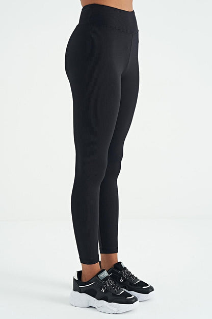 Black Logo Printed High Waist Slim Fit Ribbed Women's Leggings - 94642