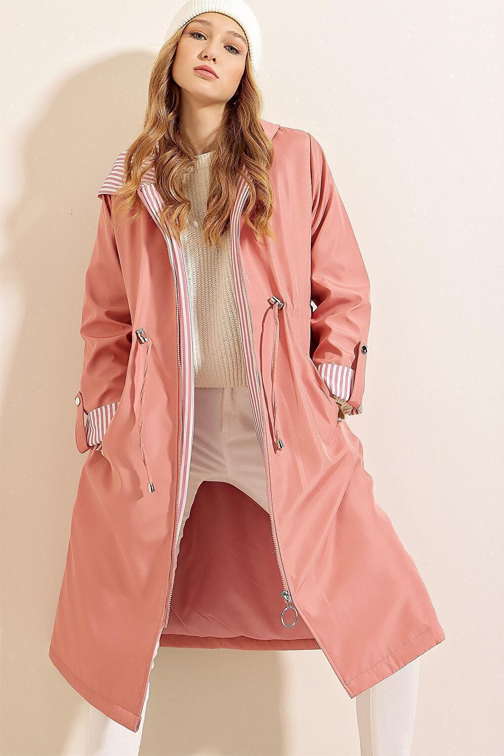 9091 Gathered Waist Hooded Trench Coat - Pink