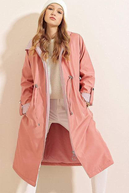 9091 Gathered Waist Hooded Trench Coat - Pink