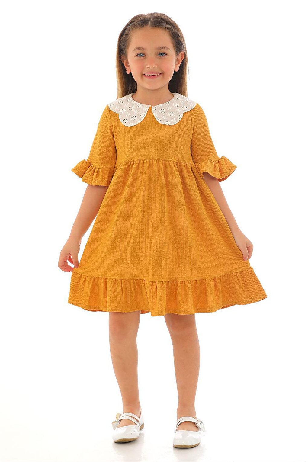 Girl's Mustard Colored Half Sleeve Gathered Collar Lace Detailed Dress