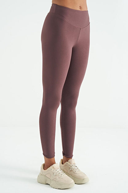 Brown Piping Detailed High Waist Slim Fit Ribbed Women's Leggings - 94643