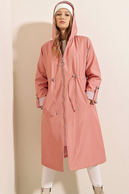 9091 Gathered Waist Hooded Trench Coat - Pink